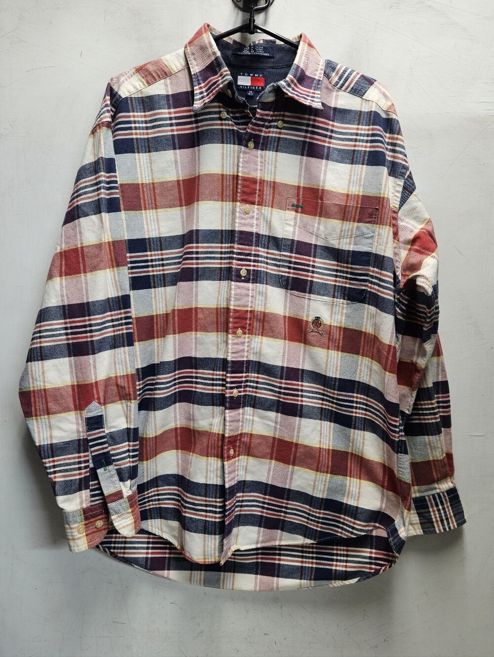 Vintage Tommy Hilfiger Medium Oversized Embroidered Casual Plaid Dress Shirt - Picture 2 of 7